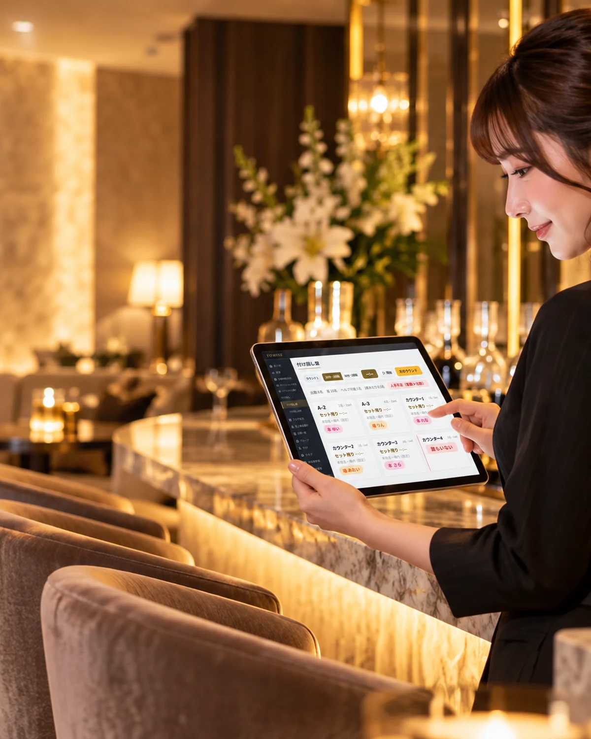 ラウンジでスタッフがタブレットを操作する場面