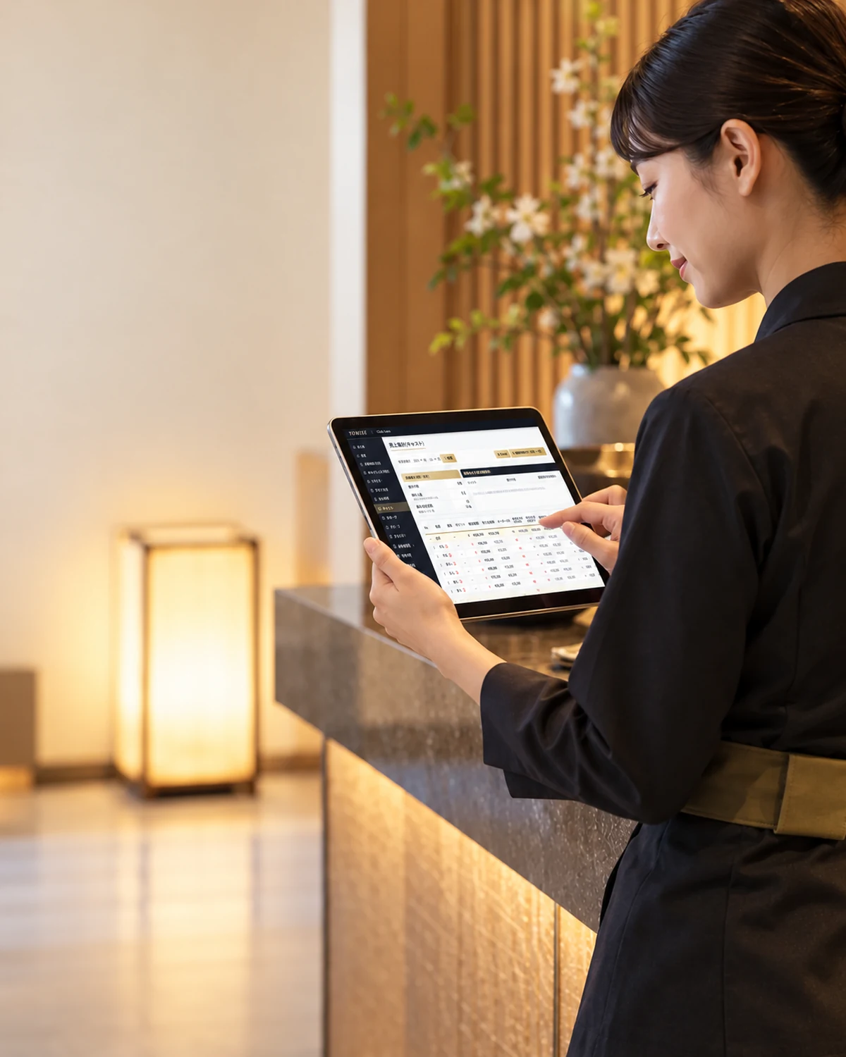 スタッフがタブレットを確認する場面