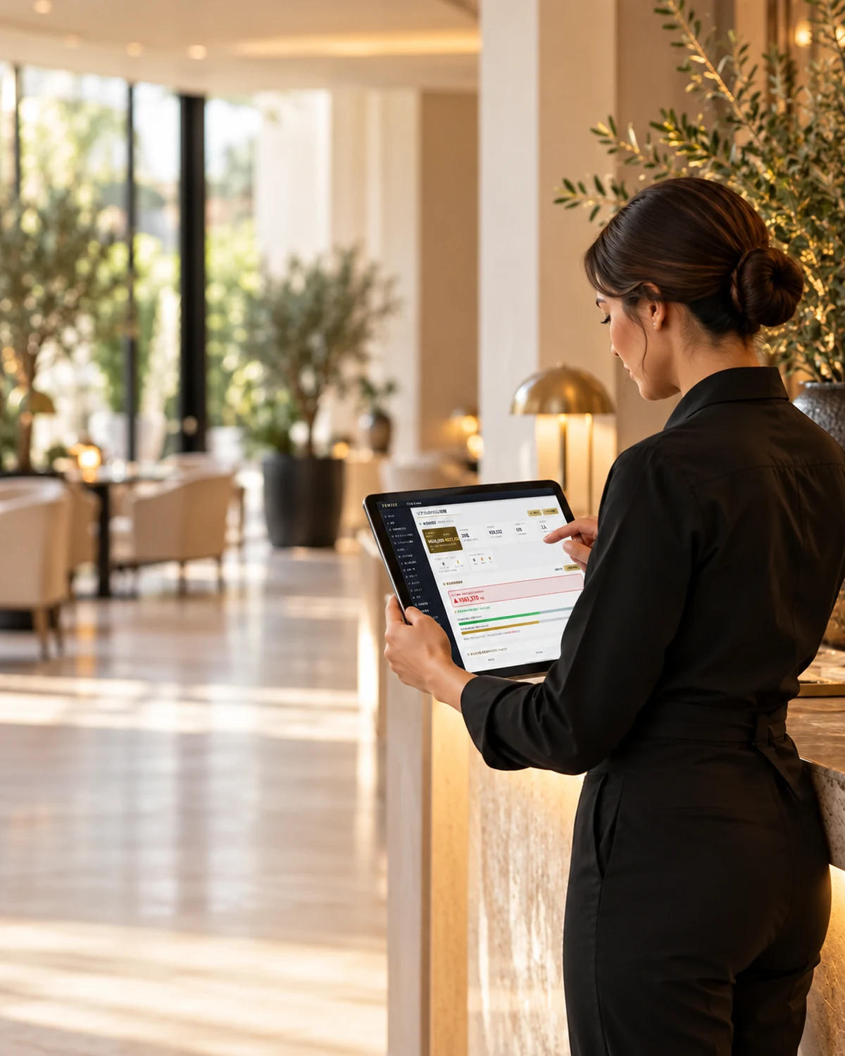 スタッフがタブレットの売上画面を確認する場面