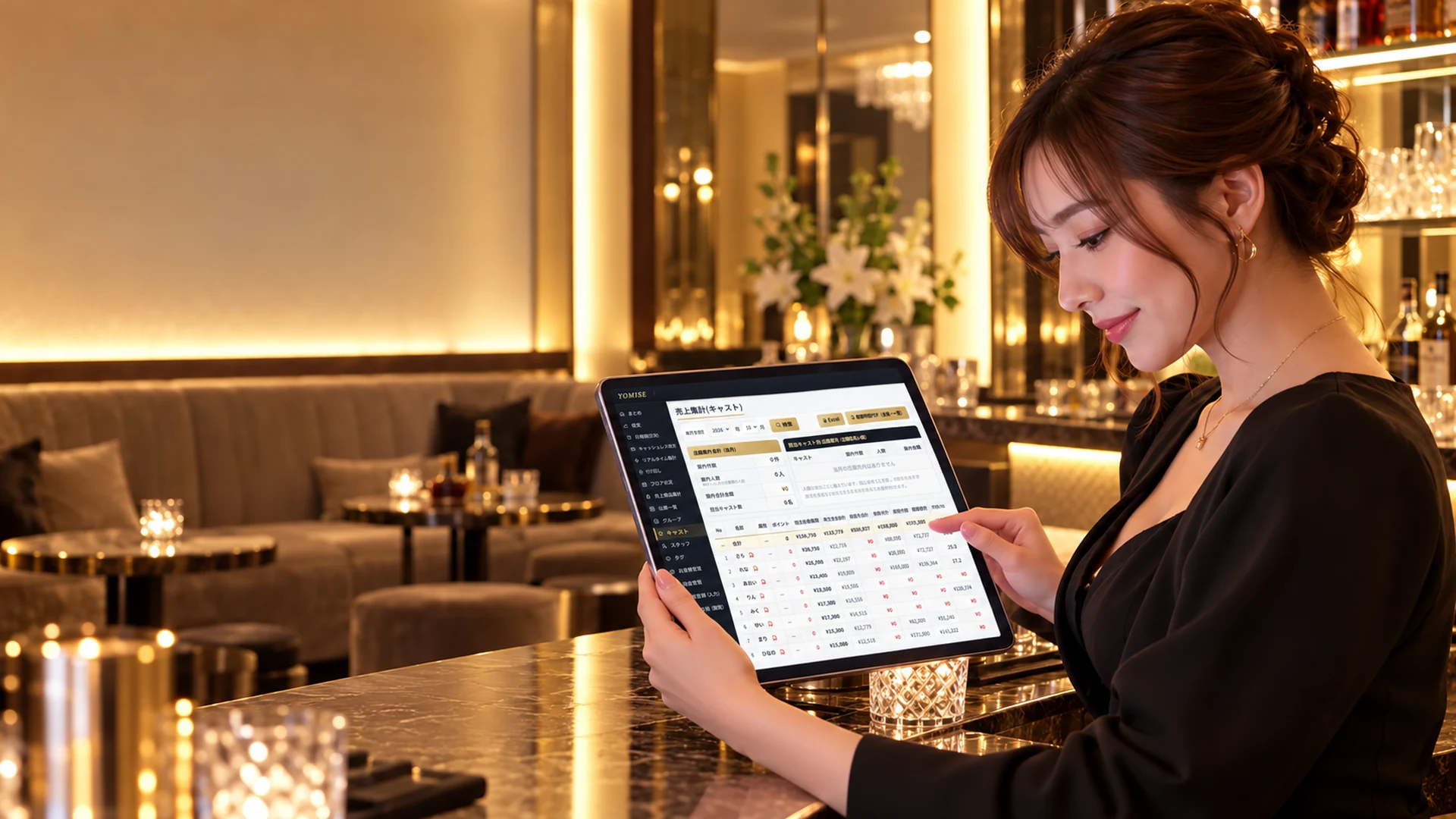 店舗スタッフがタブレットの売上集計を確認する場面