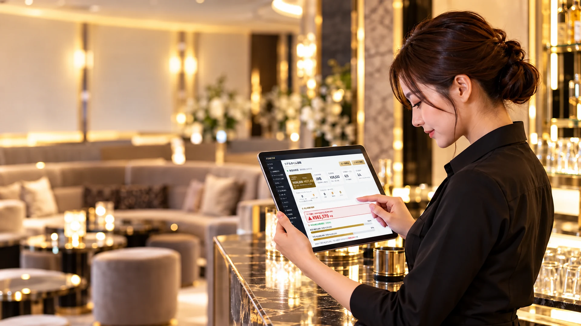 ラウンジのカウンターでスタッフがタブレットの売上画面を見る場面