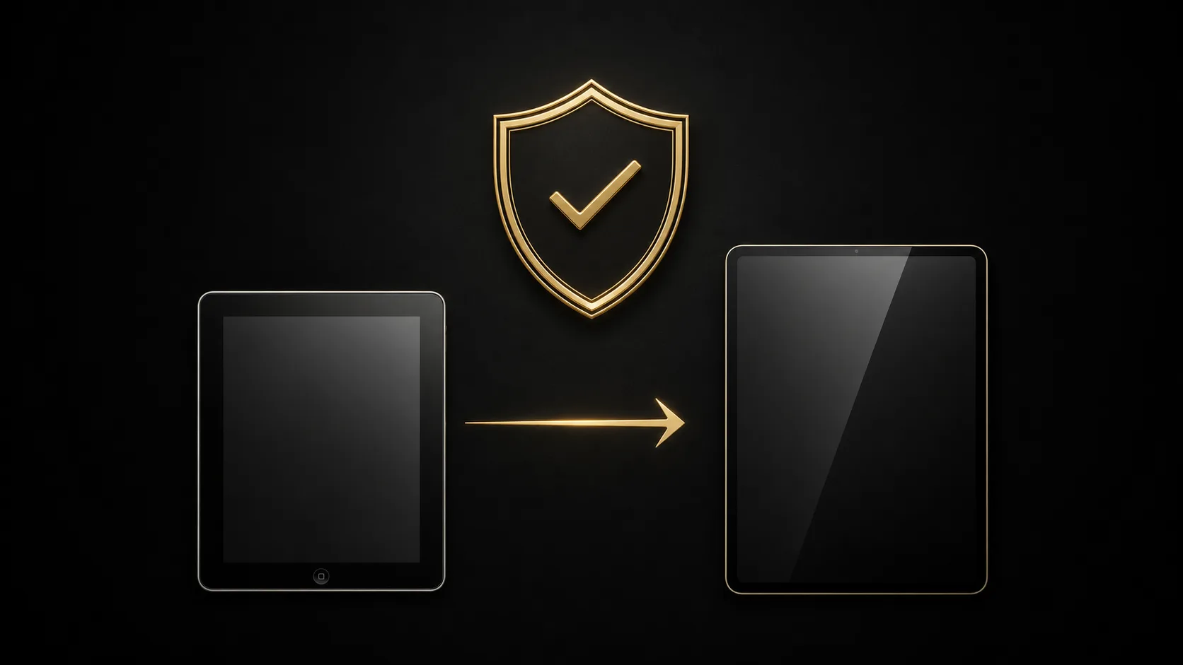 金の細線の盾とチェック、新旧タブレットを金の矢印でつなぐ無料データ移行イメージ